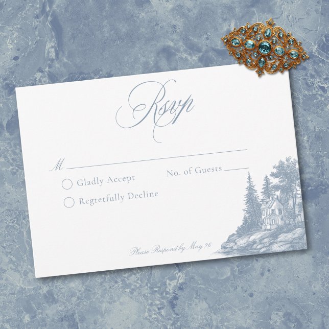 Tarjeta De Confirmación De Asistencia Elegant Dusty Blue Toile French Manor Wedding (Elegant Dusty Blue Toile French Manor Wedding QR RSVP Card)