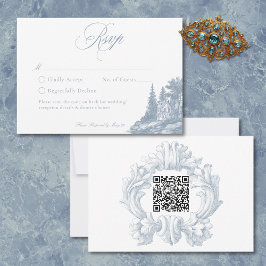 Tarjeta De Confirmación De Asistencia Elegant Dusty Blue Toile French Manor Wedding QR