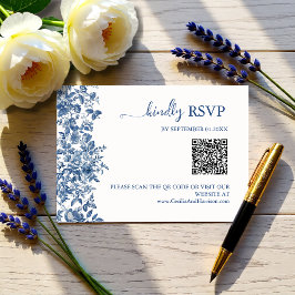 Tarjeta De Confirmación De Asistencia Elegant Dusty Blue Toile QR Code Wedding