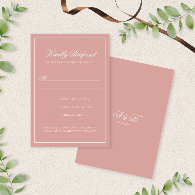 Tarjeta De Confirmación De Asistencia Elegant Dusty Rose Border Monogram Script Wedding (Subido por el creador)