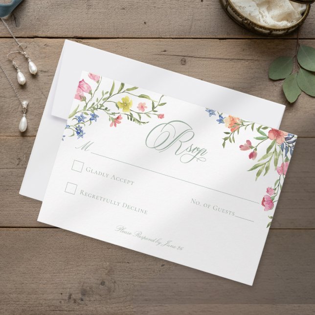 Tarjeta De Confirmación De Asistencia Elegant Dusty Sage Pastel Wildflower Crest Wedding (Subido por el creador)
