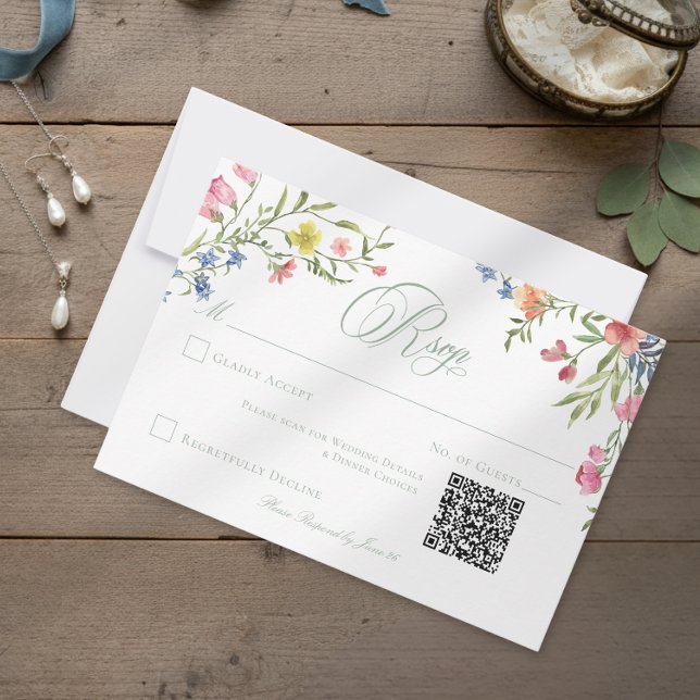 Tarjeta De Confirmación De Asistencia Elegant Dusty Sage Pastel Wildflower Crest Wedding (Subido por el creador)
