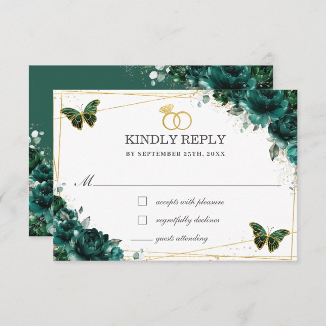 Tarjeta De Confirmación De Asistencia Elegant Emerald Green Floral Butterflies Wedding (Anverso / Reverso)