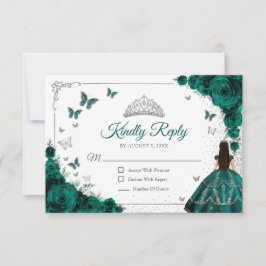 Tarjeta De Confirmación De Asistencia Elegant Emerald Green Silver Quinceanera Reply