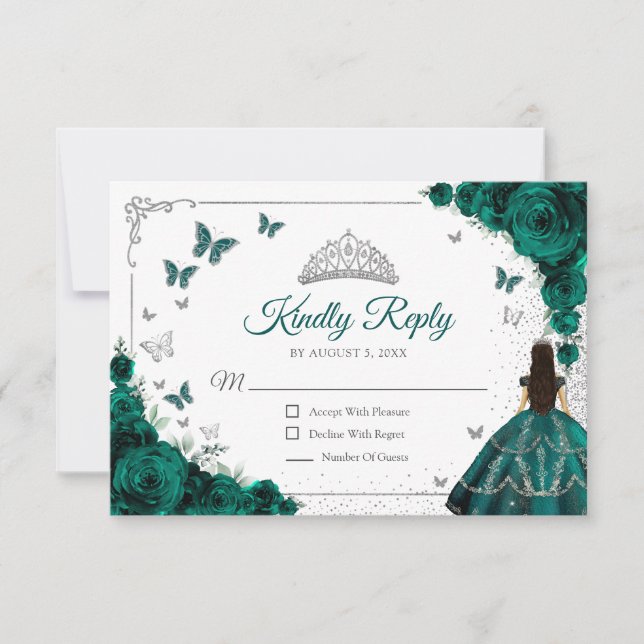 Tarjeta De Confirmación De Asistencia Elegant Emerald Green Silver Quinceanera Reply (Anverso)