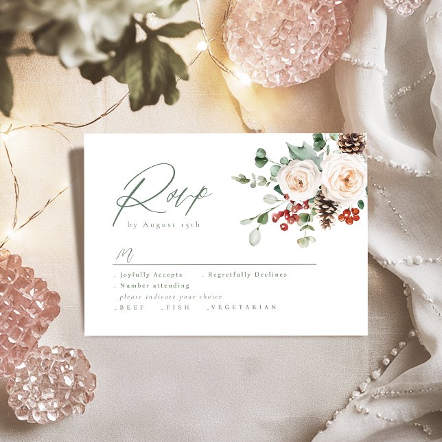 Tarjeta De Confirmación De Asistencia Elegant Festive Floral Holiday Winter Wedding (Elegant Festive Floral Holiday Winter Wedding RSVP Card)
