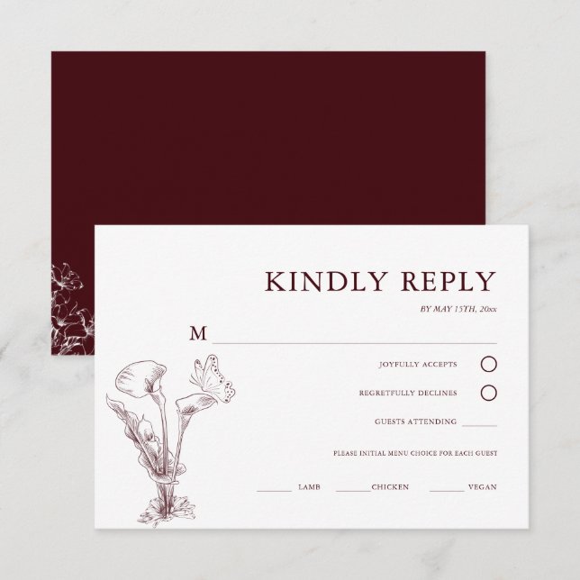 Tarjeta De Confirmación De Asistencia Elegant Floral Burgundy Wedding  (Anverso / Reverso)