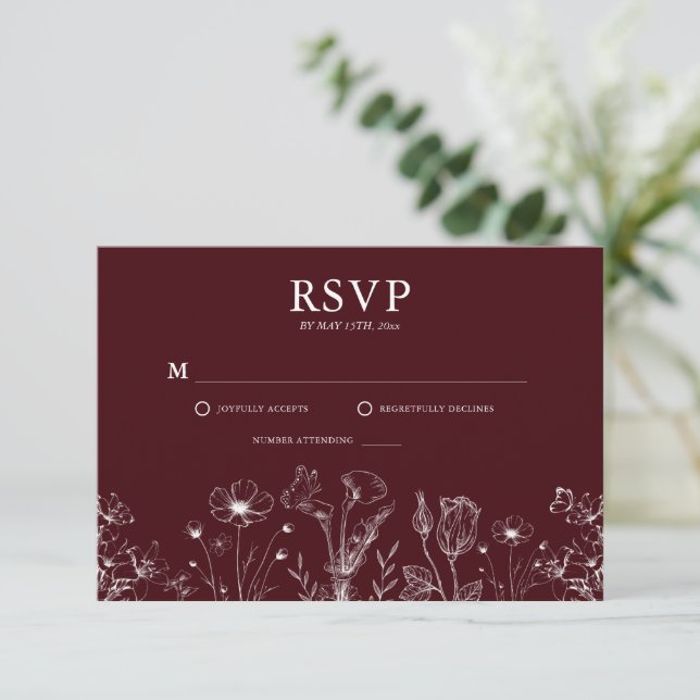 Tarjeta De Confirmación De Asistencia Elegant Floral Burgundy Wedding  (Anverso de pie)