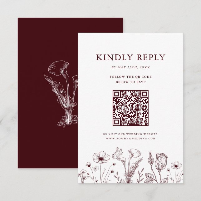 Tarjeta De Confirmación De Asistencia Elegant Floral Burgundy Wedding QR Code (Anverso / Reverso)