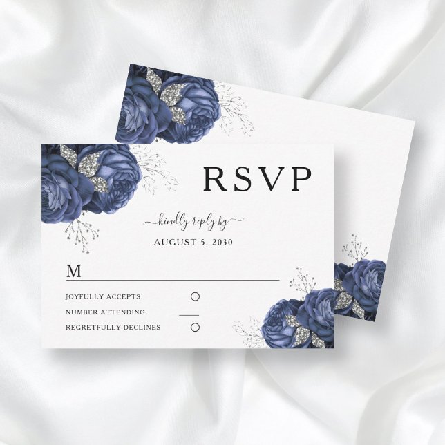 Tarjeta De Confirmación De Asistencia Elegant Floral Navy Blue Peonies Wedding (Subido por el creador)