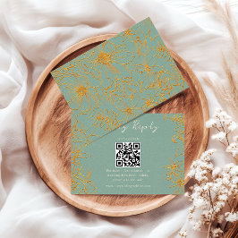 Tarjeta De Confirmación De Asistencia Elegant Floral Sage Green Gold QR Code Wedding