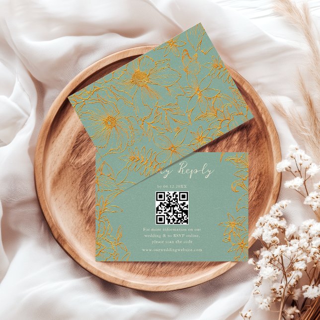 Tarjeta De Confirmación De Asistencia Elegant Floral Sage Green Gold QR Code Wedding (Subido por el creador)