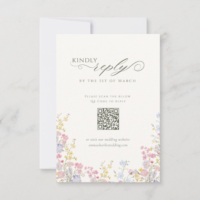 Tarjeta De Confirmación De Asistencia Elegant Floral Wildflower Calligraphy QR Code (Anverso)