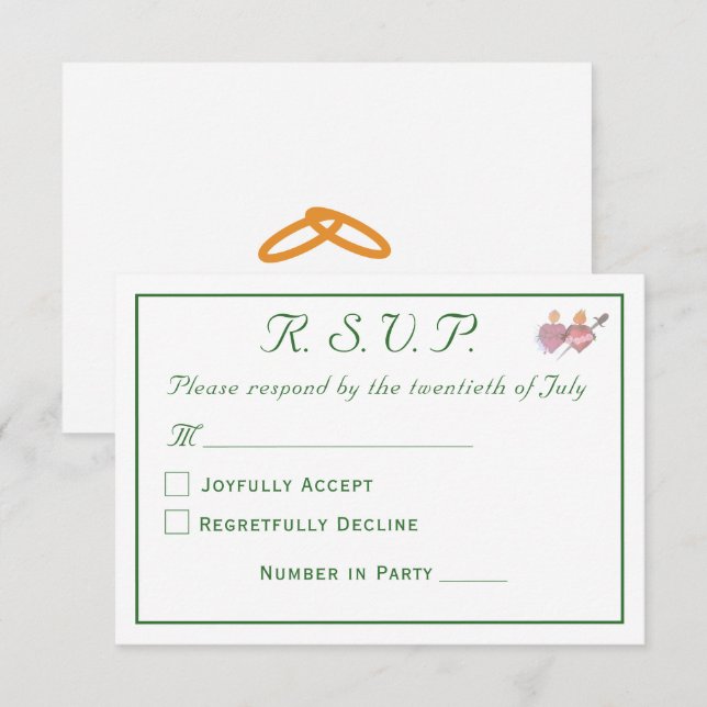 Tarjeta De Confirmación De Asistencia Elegant Forest Green Two Hearts Catholic Wedding  (Anverso / Reverso)