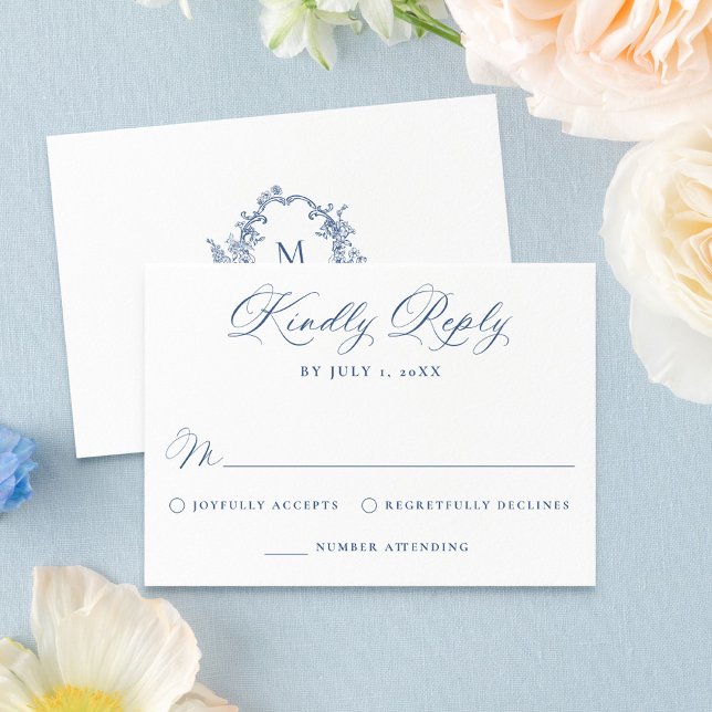 Tarjeta De Confirmación De Asistencia Elegant French Blue Victorian Floral Wedding (Subido por el creador)