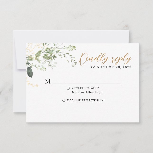 Tarjeta De Confirmación De Asistencia Elegant Gold and Greenery Eucalyptus Wedding  (Anverso)