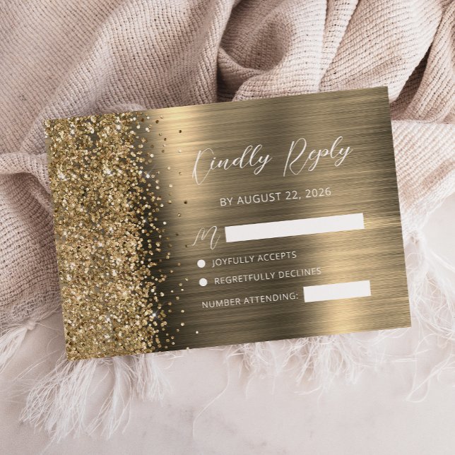 Tarjeta De Confirmación De Asistencia Elegant Gold Brushed Metal Glitter Script Wedding (Subido por el creador)