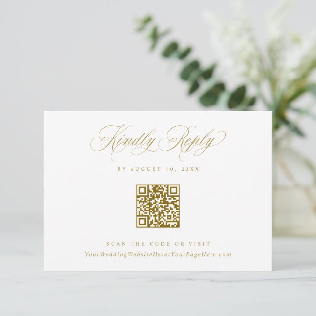 Tarjeta De Confirmación De Asistencia Elegant Gold Crest Logo Wedding QR Code (Anverso de pie)