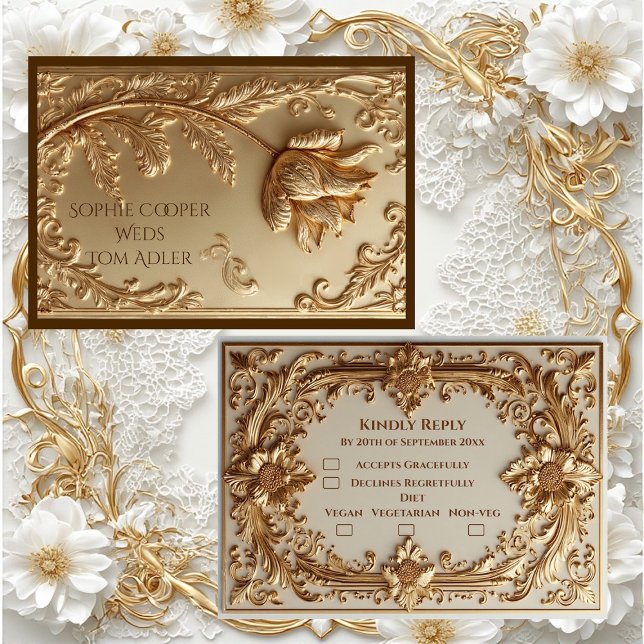 Tarjeta De Confirmación De Asistencia Elegant Gold Ornate Baroque Grandeur Floral Motifs (Elegant Gold Ornate Baroque Grandeur Floral Motifs RSVP Card)