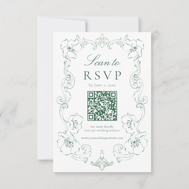 Tarjeta De Confirmación De Asistencia Elegant Green Ornate Floral QR Code Wedding (Anverso)