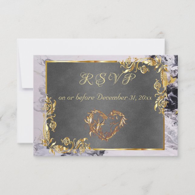 Tarjeta De Confirmación De Asistencia Elegant Marble, Grey, Gold Frame, Gold Heart (Anverso)
