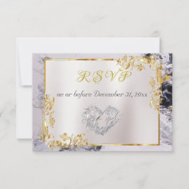 Tarjeta De Confirmación De Asistencia Elegant Marble, White, Gold Frame, Silver Heart 