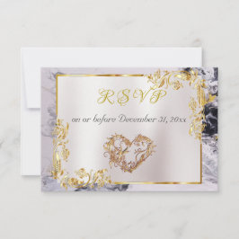 Tarjeta De Confirmación De Asistencia Elegant Marble, White, Gold Frame, Silver Heart