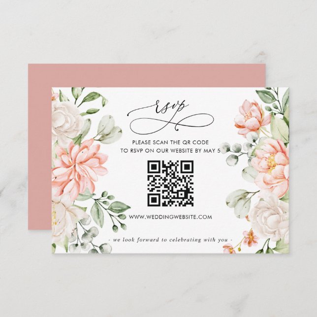 Tarjeta De Confirmación De Asistencia Elegant Modern Botanical Blush Floral QR CODE (Anverso / Reverso)