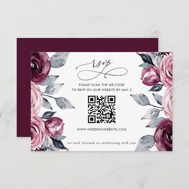 Tarjeta De Confirmación De Asistencia Elegant Modern Burgundy Floral QR CODE (Anverso / Reverso)