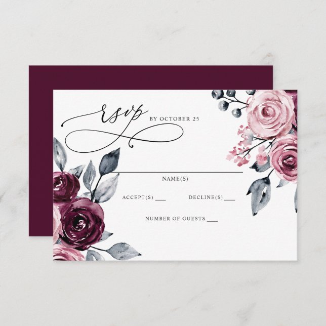 Tarjeta De Confirmación De Asistencia Elegant Modern Burgundy Floral Wedding (Anverso / Reverso)