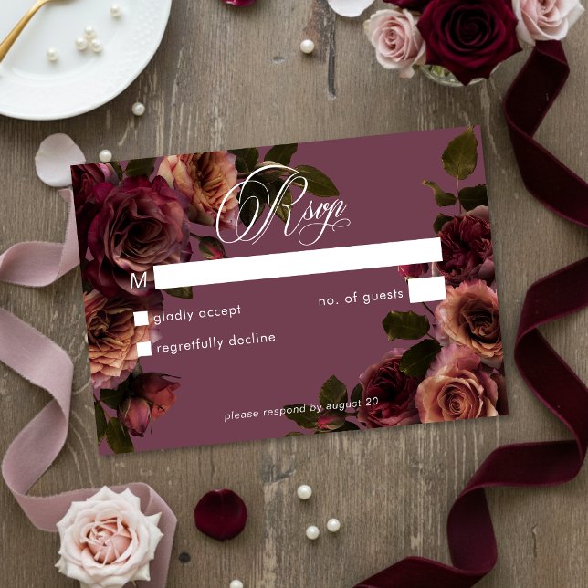 Tarjeta De Confirmación De Asistencia Elegant Moody Soft Rust Burgundy Floral No Dinner (Subido por el creador)