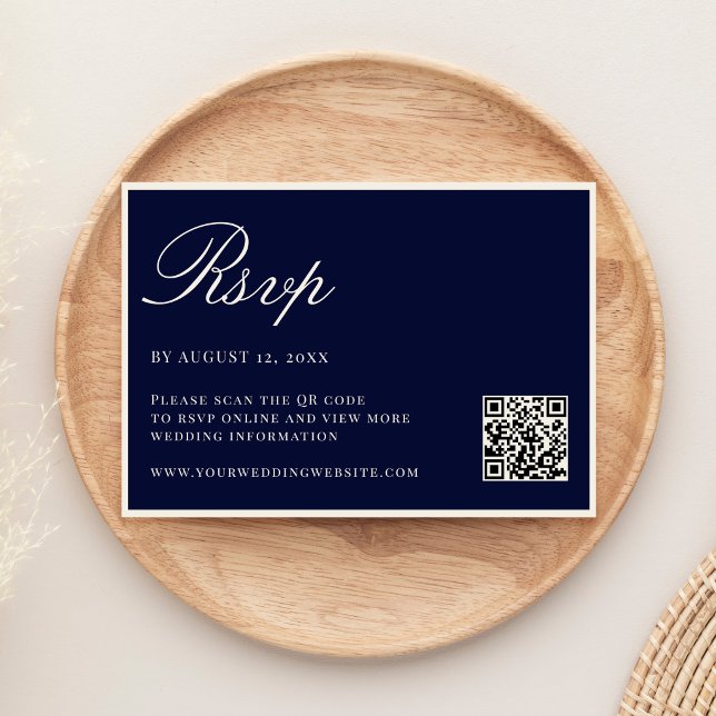 Tarjeta De Confirmación De Asistencia Elegant Navy Blue Old Money QR Code Wedding (Subido por el creador)