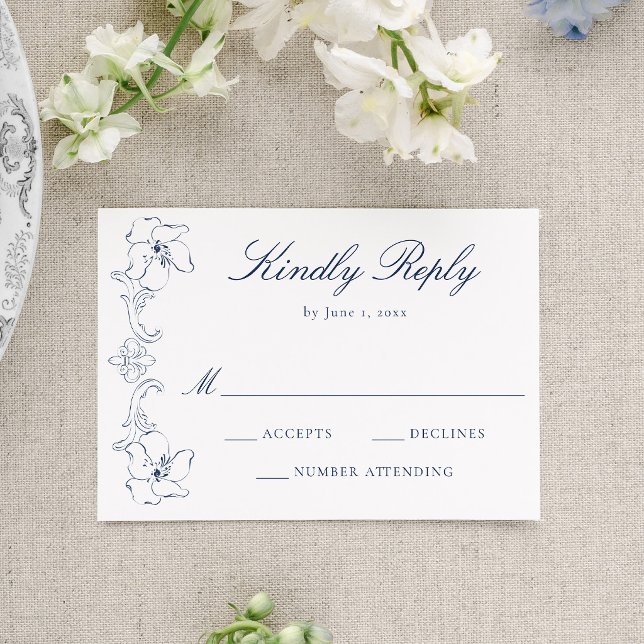Tarjeta De Confirmación De Asistencia Elegant Navy Ornate Floral Frame Wedding (Subido por el creador)
