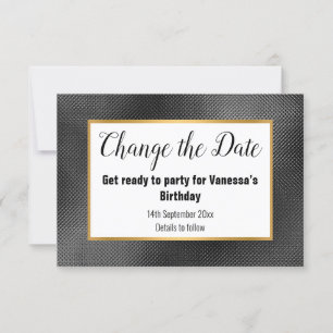 TARJETA DE CONFIRMACIÓN DE ASISTENCIA ELEGANT NEGRO CON RELIEVE EN ORO CAMBIA LA FECHA R