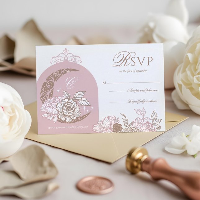 Tarjeta De Confirmación De Asistencia Elegant Pink Florals Moon Stars Tiara Quinceañera (Elegant Pink Florals Moon Stars Tiara Quinceañera RSVP Card)