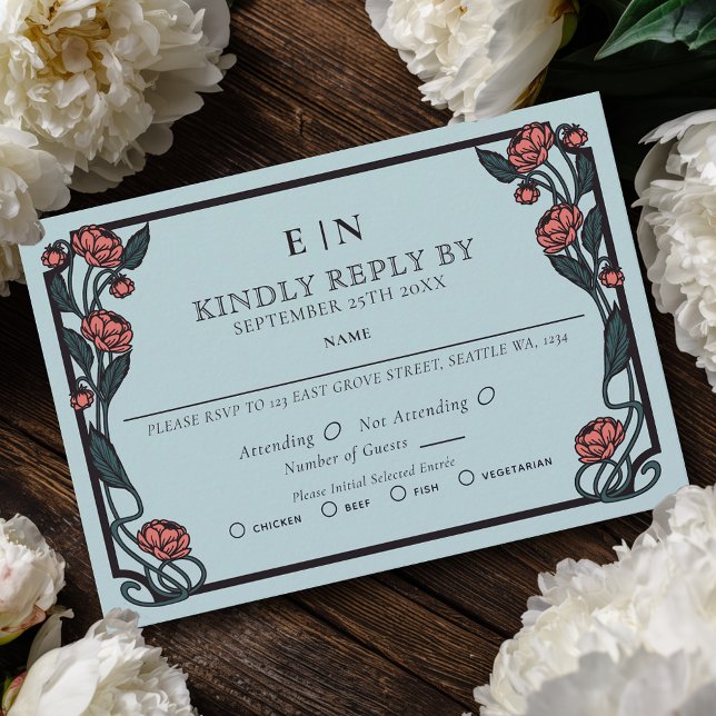 Tarjeta De Confirmación De Asistencia Elegant Pink Peony Art Nouveau Floral Wedding (Subido por el creador)