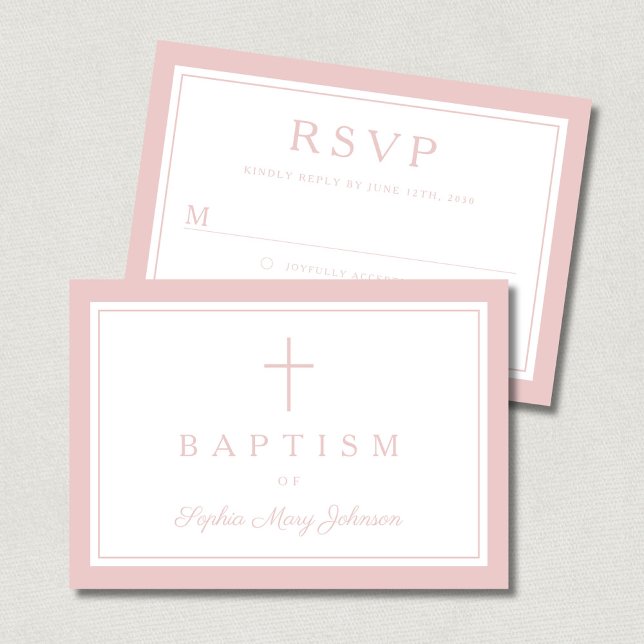 Tarjeta De Confirmación De Asistencia Elegant Pink Religious Cross Girl Baptism  (Elegant Pink Religious Cross Girl Baptism RSVP Card)