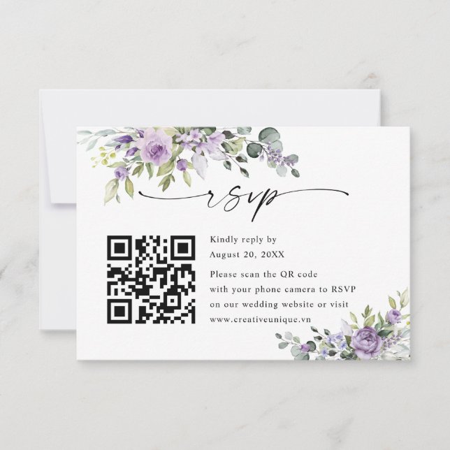 Tarjeta De Confirmación De Asistencia Elegant Purple Floral Wedding Website QR Code (Anverso)