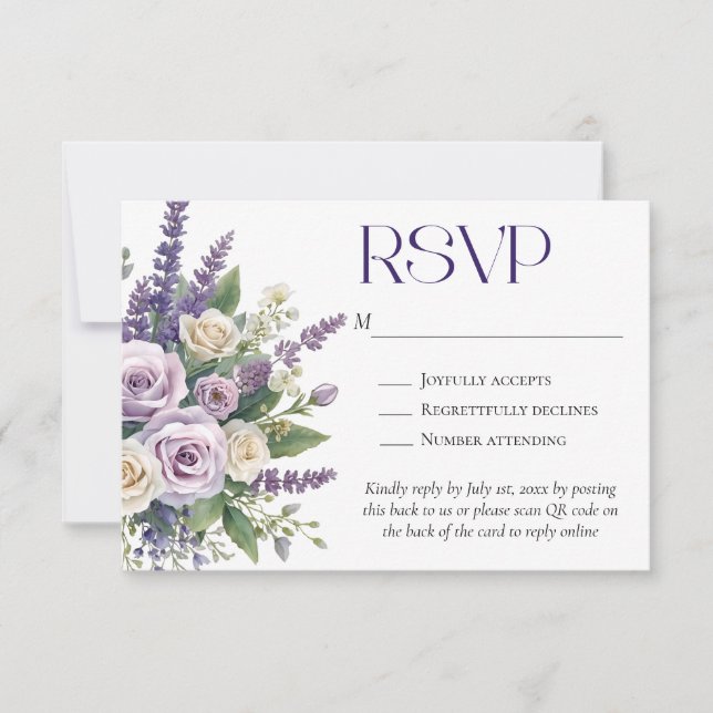 Tarjeta De Confirmación De Asistencia Elegant Purple Lavender Roses Wedding QR Code (Anverso)