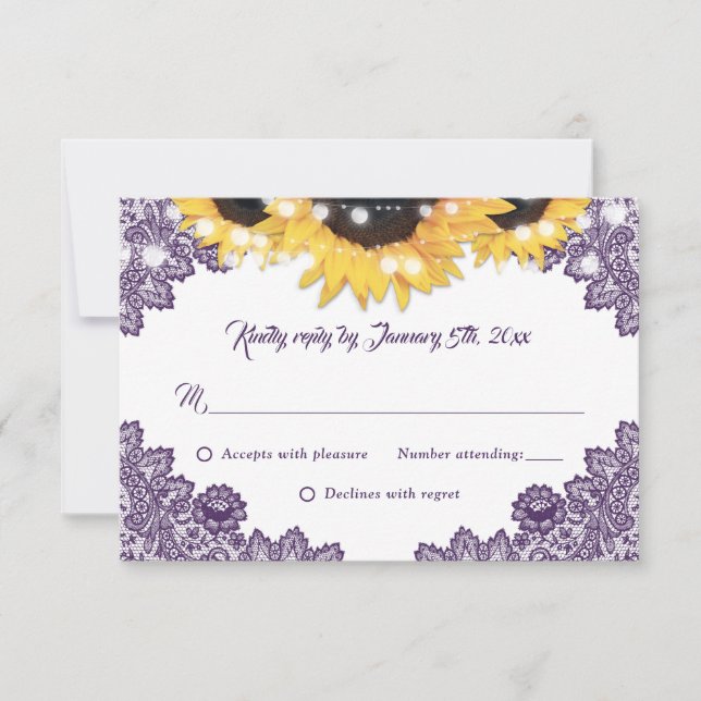 Tarjeta De Confirmación De Asistencia Elegant Purple Sunflower Floral Lace Wedding (Anverso)