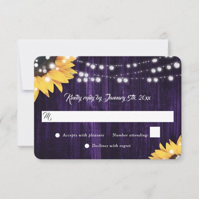 Tarjeta De Confirmación De Asistencia Elegant Purple Sunflower Wood Lace Lights Wedding (Anverso)