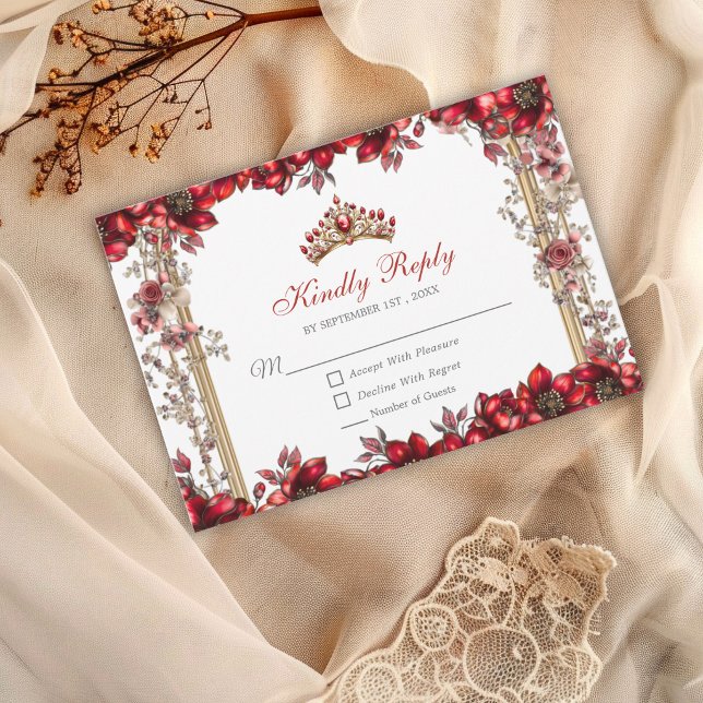 Tarjeta De Confirmación De Asistencia Elegant Red Golden Tiara Floral Quinceañera (Subido por el creador)