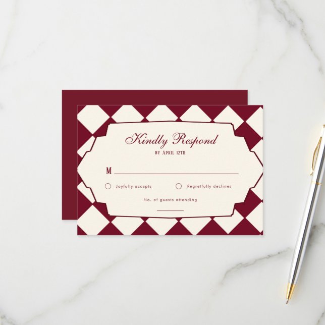 Tarjeta De Confirmación De Asistencia Elegant Retro Checkered Burgundy Wedding (Anverso/Reverso In Situ)