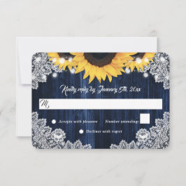 Tarjeta De Confirmación De Asistencia Elegant Rustic Navy Blue Wood Sunflower Wedding