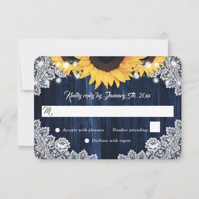 Tarjeta De Confirmación De Asistencia Elegant Rustic Navy Blue Wood Sunflower Wedding (Anverso)