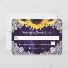 Tarjeta De Confirmación De Asistencia Elegant Rustic Purple Wood Lace Sunflower Wedding