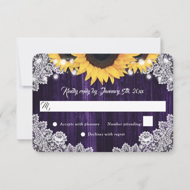 Tarjeta De Confirmación De Asistencia Elegant Rustic Purple Wood Lace Sunflower Wedding (Anverso)