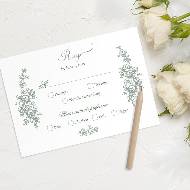 Tarjeta De Confirmación De Asistencia Elegant Sage Baroque Roses Wedding (Subido por el creador)
