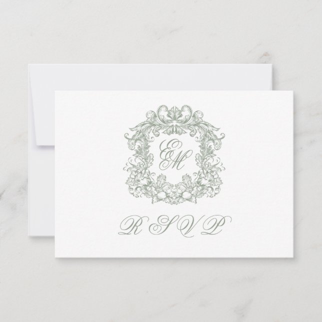 Tarjeta De Confirmación De Asistencia Elegant Sage Green Monogram Crest Meals Wedding (Anverso)