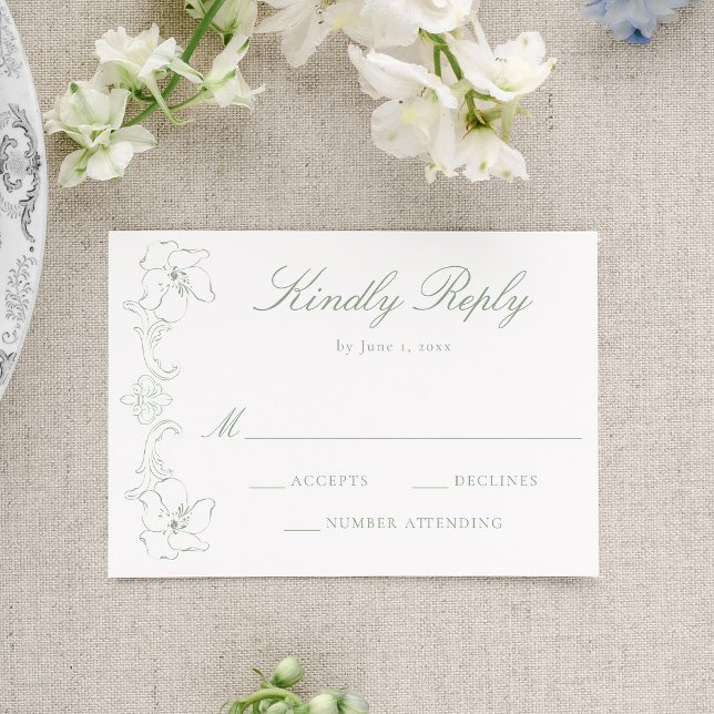 Tarjeta De Confirmación De Asistencia Elegant Sage Green Ornate Floral Frame Wedding (Subido por el creador)